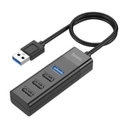 HOCO HB25 4合1 USB 转换器，黑色机身，包含一个 USB 3.0 接口和三个 USB 2.0 接口，带有一根 USB - A 连接线。