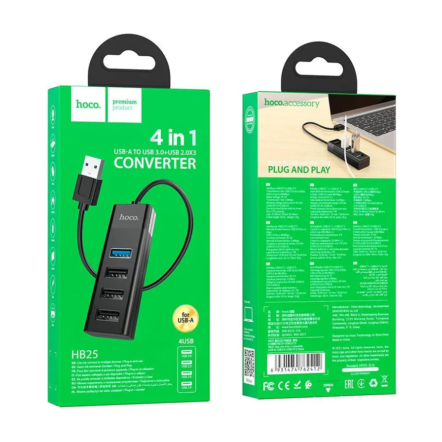 HOCO HB25 4合1 USB 转换器的正面和背面包装展示，背面印有产品规格、使用场景图及条形码信息。