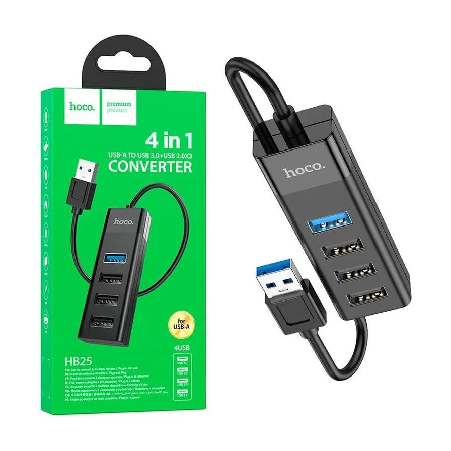 HOCO HB25 4合1 USB 转换器及其绿色外包装盒，包装上印有 4 in 1 CONVERTER 字样。