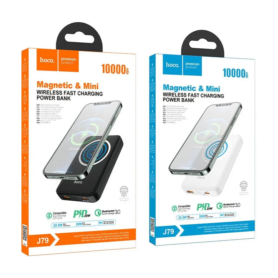 HOCO J79 磁吸无线充电宝 10000mAh 黑色与白色款式的包装盒展示，包装上印有手机磁吸充电示意图及 PD 20W、QC 3.0 等快充规格。