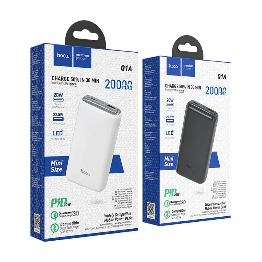 HOCO Q1A 20000mAh 移动电源黑色与白色包装盒正面展示，标注 20W 快充及迷你尺寸
