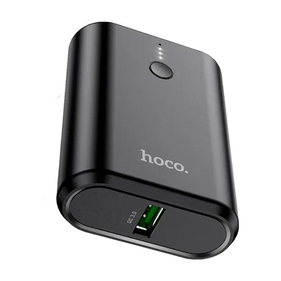 HOCO Q3 10000mAh 黑色迷你快充充电宝，展示正面 hoco 品牌标识、LED 电量指示灯及底部的 QC 3.0 USB 接口。