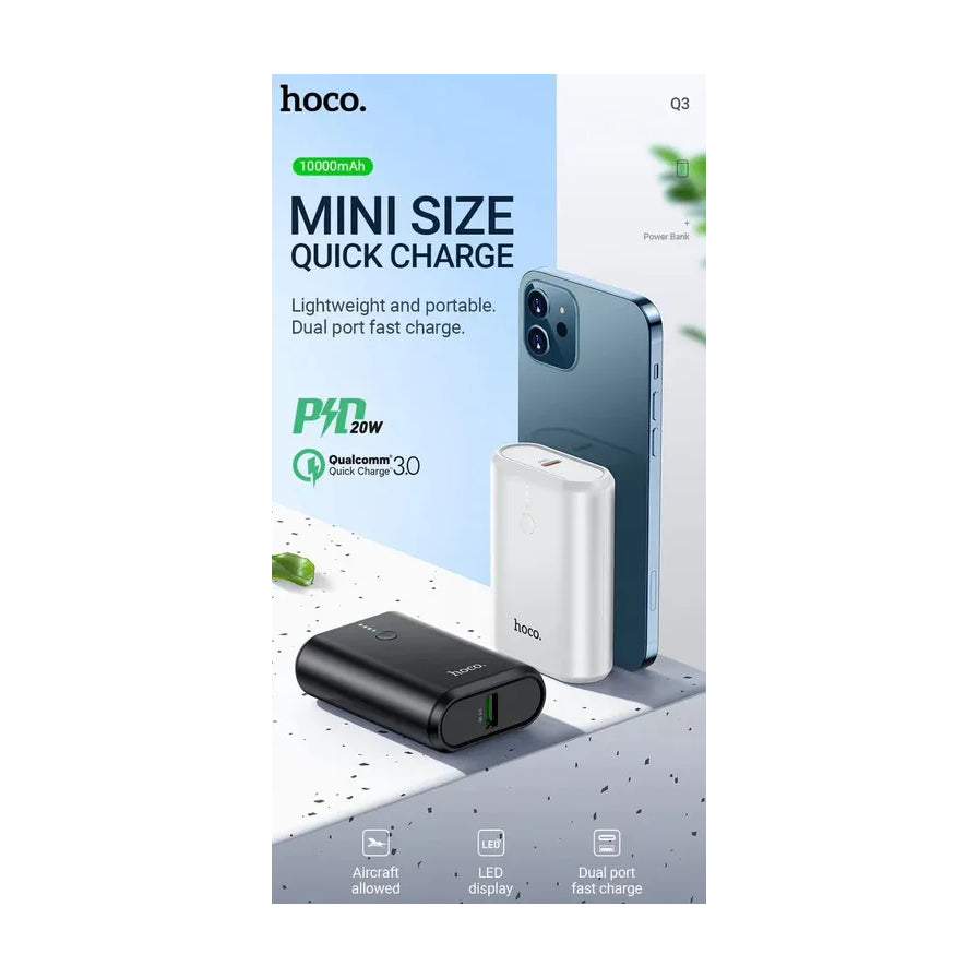 HOCO Q3 迷你快充充电宝宣传海报，展示黑白两色产品，标注 PD 20W、QC 3.0 快充支持及可带上飞机等特性。