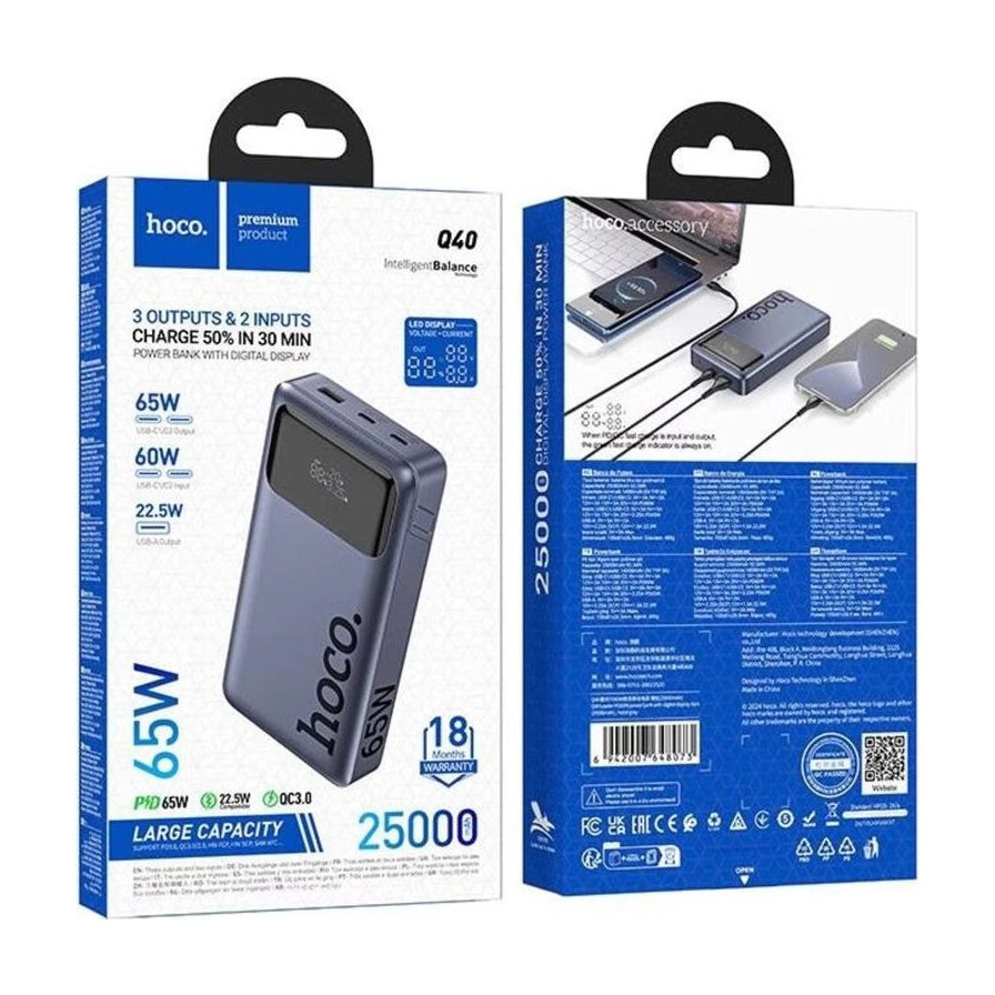 HOCO Q40 霸讯 65W 数显移动电源包装盒正反面展示，包含 25000mAh 容量、PD 快充协议及多口输出规格说明。