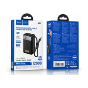 HOCO Q53 移动电源包装盒正反面展示，标注 65W 快充、12000mAh 容量及自带线设计。