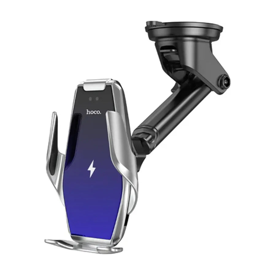 HOCO S14 车载无线充电手机支架，银色金属质感夹臂，带有吸盘式固定支架，面板显示闪电充电标识。