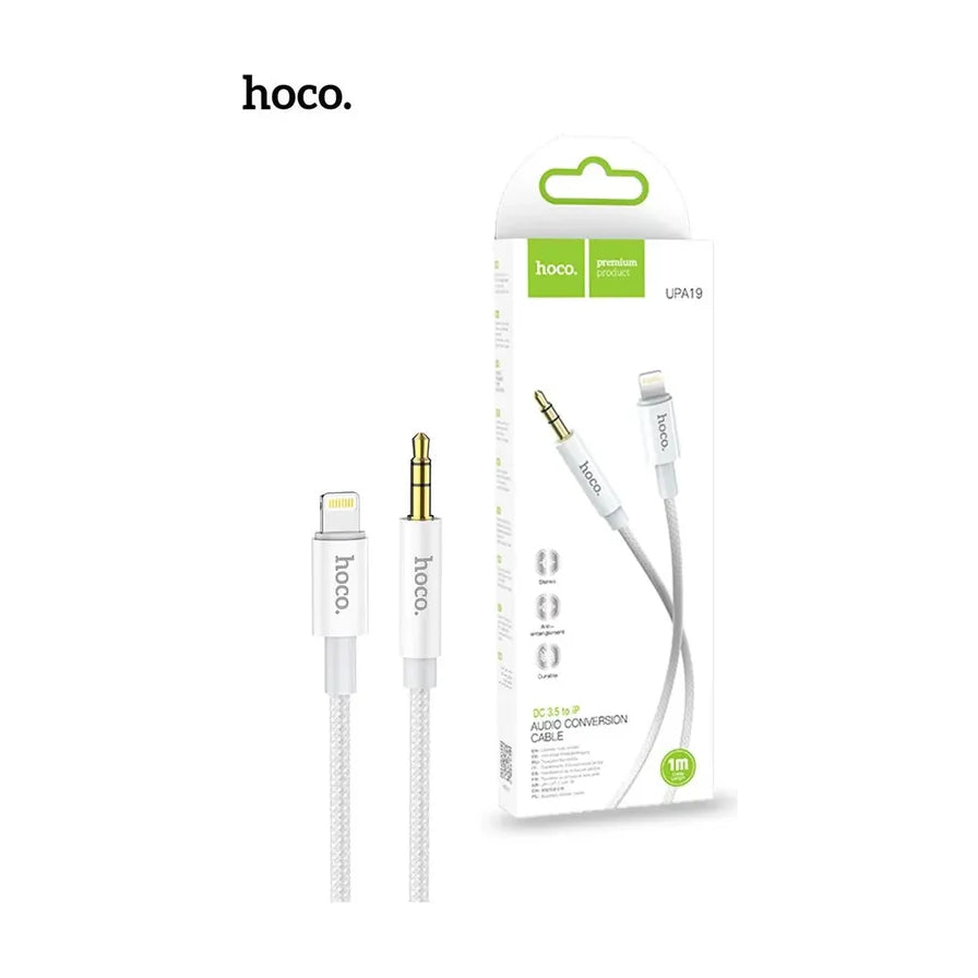 HOCO UPA19 Lightning 转 3.5mm 音频转换线及其白色零售包装盒，展示了线材的 Lightning 接口和 3.5mm 镀金插头。