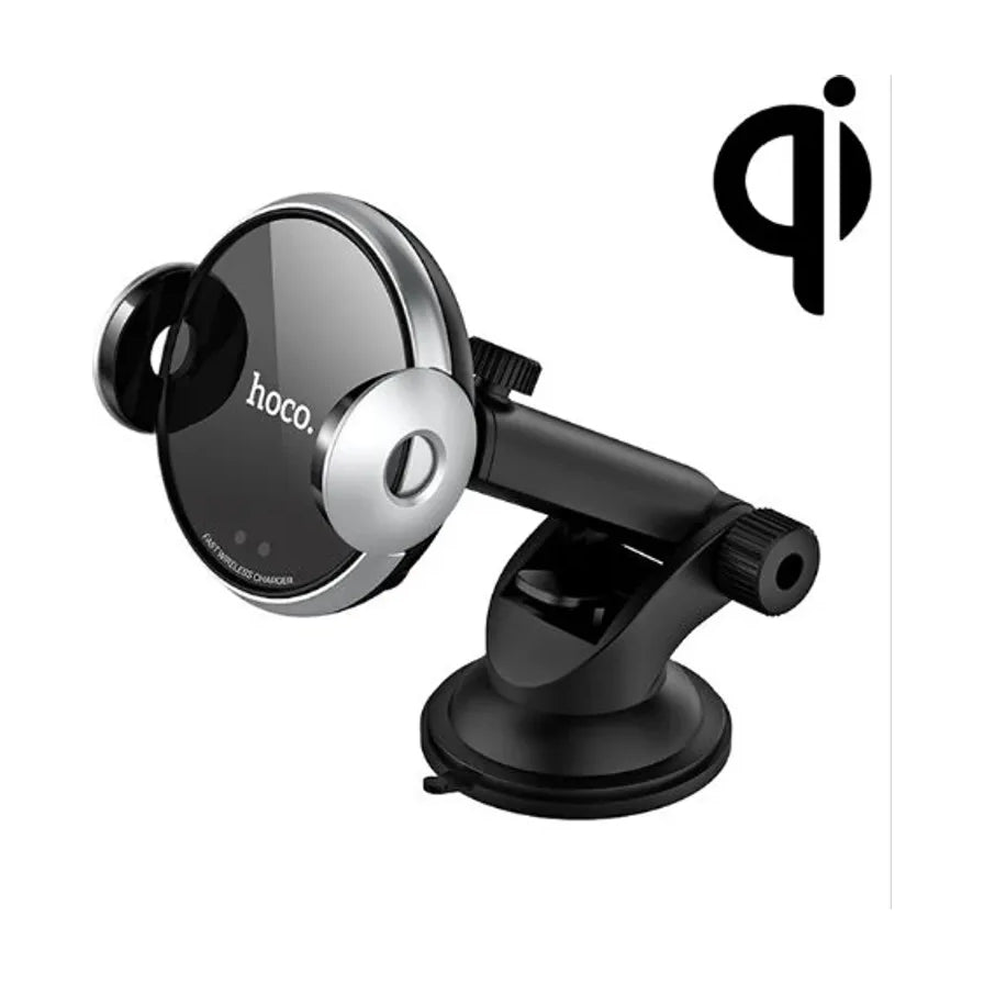 HOCO车载无线充电手机支架，黑色吸盘式设计，带有Qi无线充电标志，展示支架的侧面结构与吸盘底座。