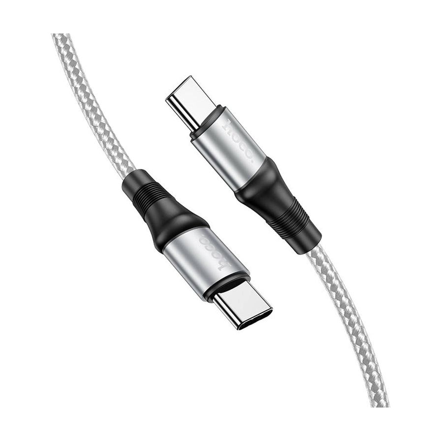 HOCO X50 Lightning 数据线特写，展示银色金属外壳接口与灰色编织线材