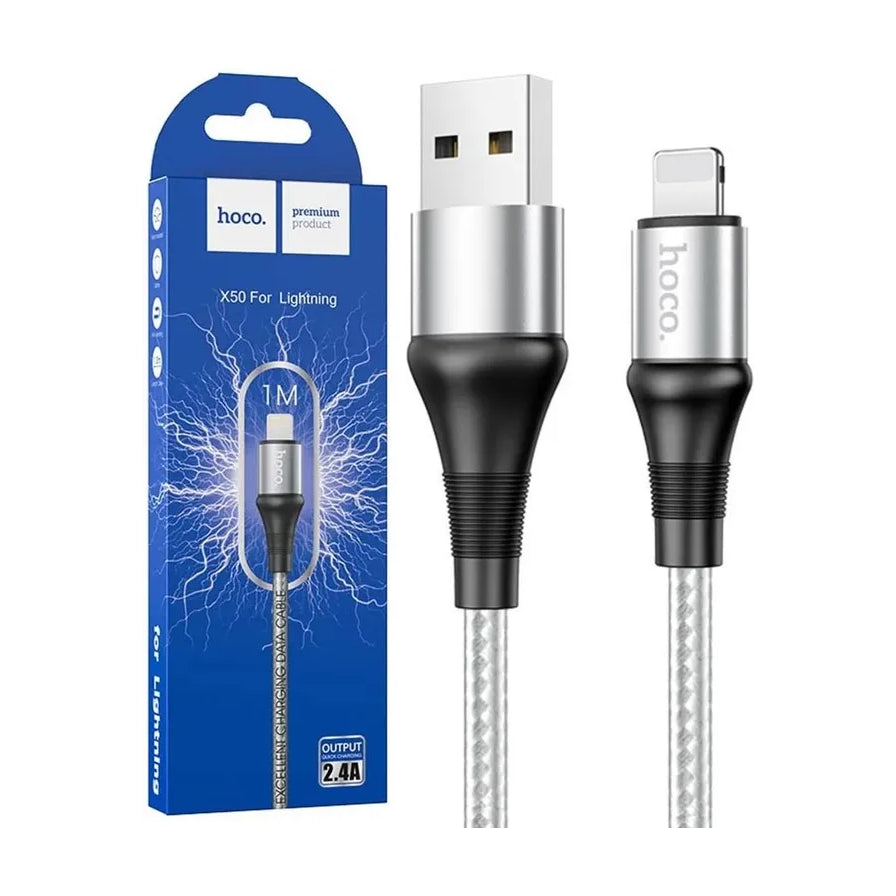 HOCO X50 Lightning 数据线 1 米蓝色包装盒及 USB 与 Lightning 接口细节图