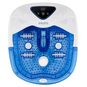 Homedics 插电式足浴盆俯视图，展示蓝色透明桶身、内部按摩滚轮及顶部控制面板。
