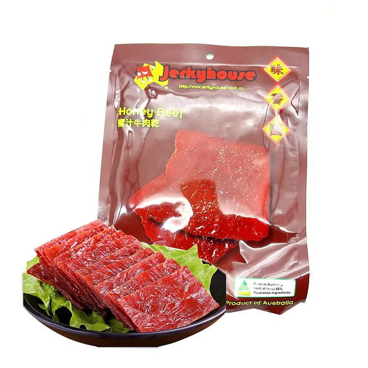 味香园蜜汁牛肉脯独立真空包装特写，展示红润肉质纹理