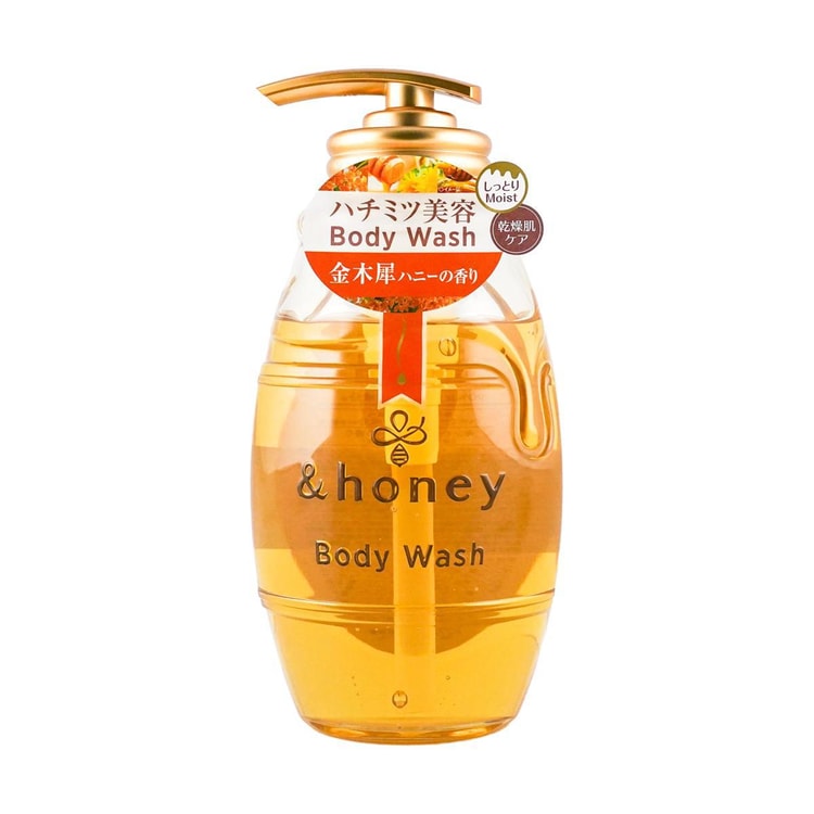 &honey 金木犀桂花香沐浴露，琥珀色透明瓶身配金色泵头，瓶口贴有日文说明标签。