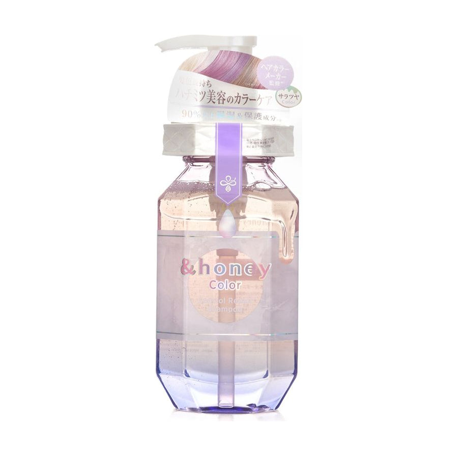 Honey Color 固色系列保湿修护洗发水正面产品图，透明瓶身搭配紫色泵头，白色背景。