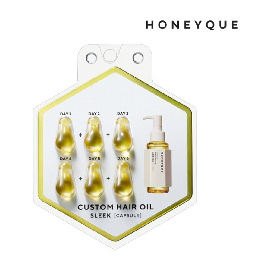 Honeyque 蜂蜜香发油胶囊包装展示，内含 6 粒独立金色精油胶囊与正装瓶身示意图。