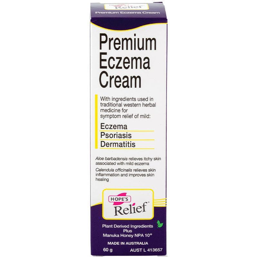 白底 Hope's Relief 湿疹膏纸盒正面，盒身可见 Premium Eczema Cream、Eczema、Psoriasis、Dermatitis 等文字