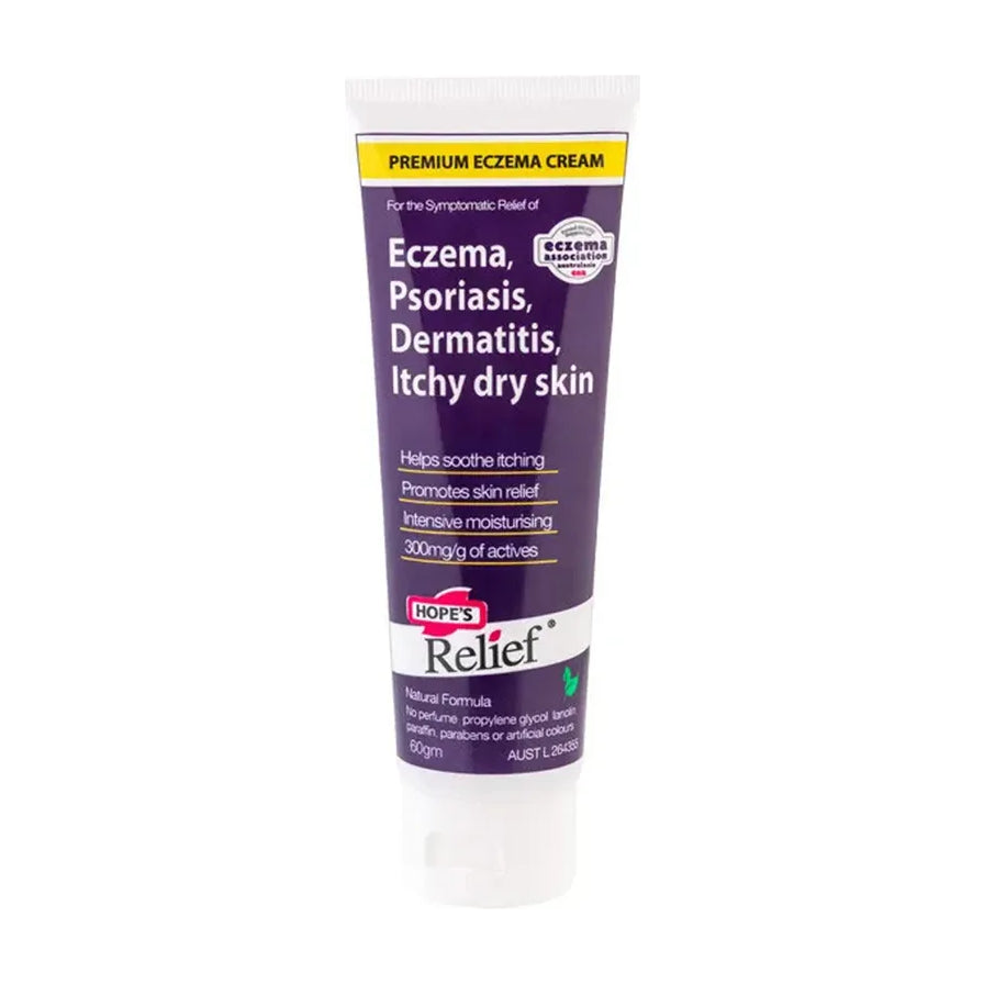 白底单支紫色 Hope's Relief 湿疹膏软管，正面可见 Eczema、Psoriasis、Dermatitis、Itchy dry skin 文字