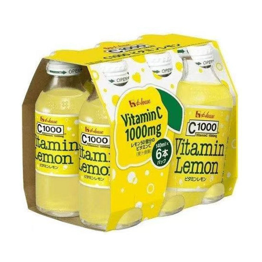 House C1000 柠檬味维C果饮，6瓶组包装，黄色瓶身印有Vitamin Lemon字样。