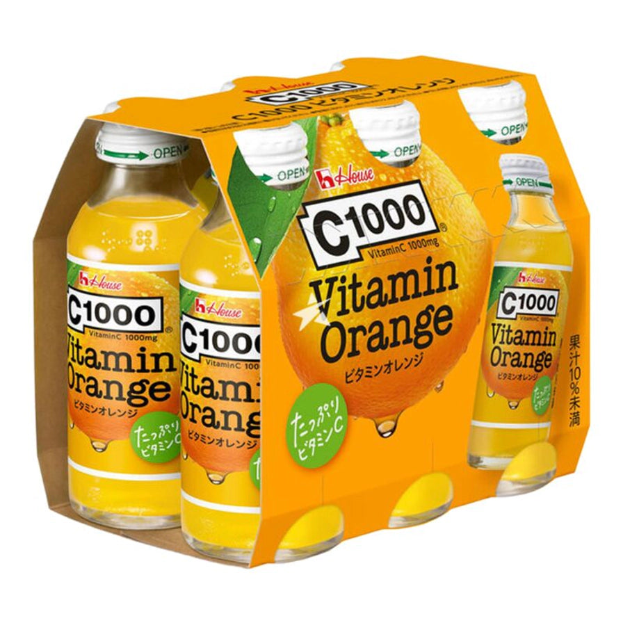 House C1000 橙汁味维C果饮，6瓶组橙色包装，瓶身印有Vitamin Orange字样。