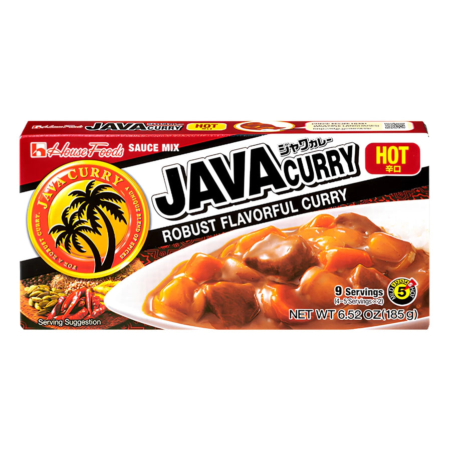 House Foods Java 咖喱块包装正面，辣味口味，红色标识显示辣度为 5 级，包装展示了诱人的咖喱成品图。