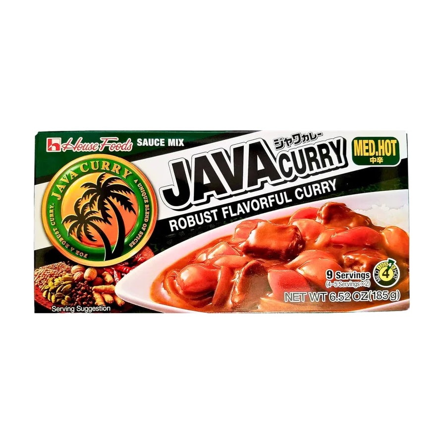 House Foods Java 咖喱块包装正面，中辣口味，净重 185g，包装上印有浓郁的牛肉蔬菜咖喱配米饭效果图。