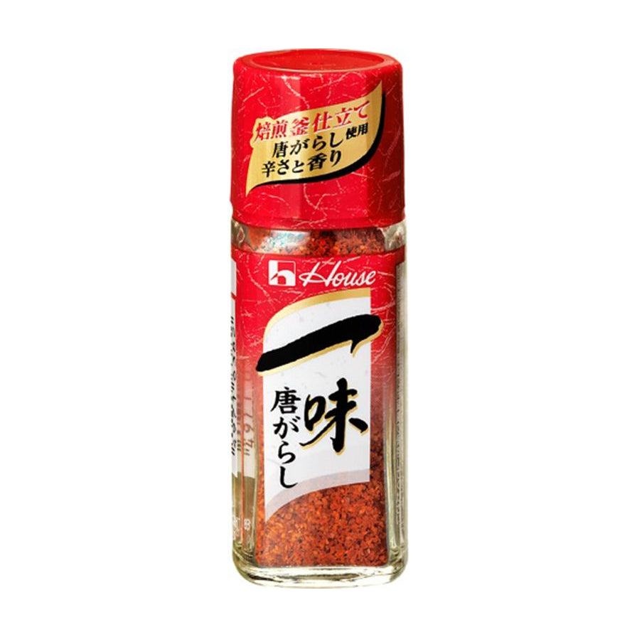 House好侍一味唐辛子辣椒粉瓶装正面图，红色瓶盖，透明玻璃瓶身可见红色辣椒粉。