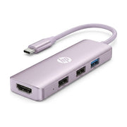惠普紫色5合1多功能扩展坞，展示Type - C接口、HDMI接口及三个USB接口，金属质感外观。