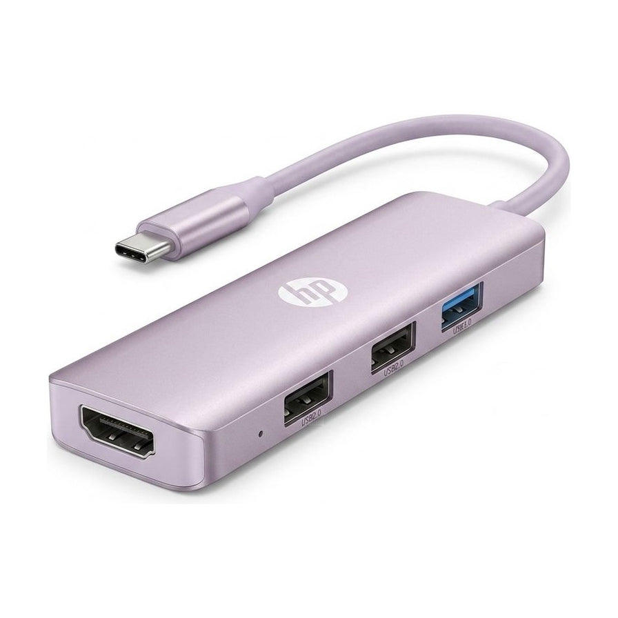 惠普紫色5合1多功能扩展坞，展示Type - C接口、HDMI接口及三个USB接口，金属质感外观。