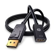 HP 惠普 DP 转 HDMI 高清转换线，展示了带有卡扣设计的 DisplayPort 接口和 HDMI 接口，黑色线缆，白底背景。