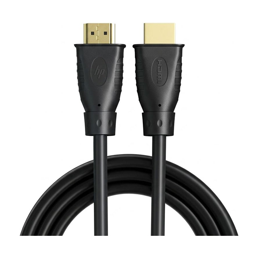 HP 惠普 HDMI 2.1 视频连接线，展示 24K 镀金接头细节与黑色纯铜线身，白色背景。