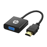 HP 惠普 HDMI 转 VGA 转换器，黑色外壳印有白色 HP 标志，展示 HDMI 输入接口与 VGA 输出接口。