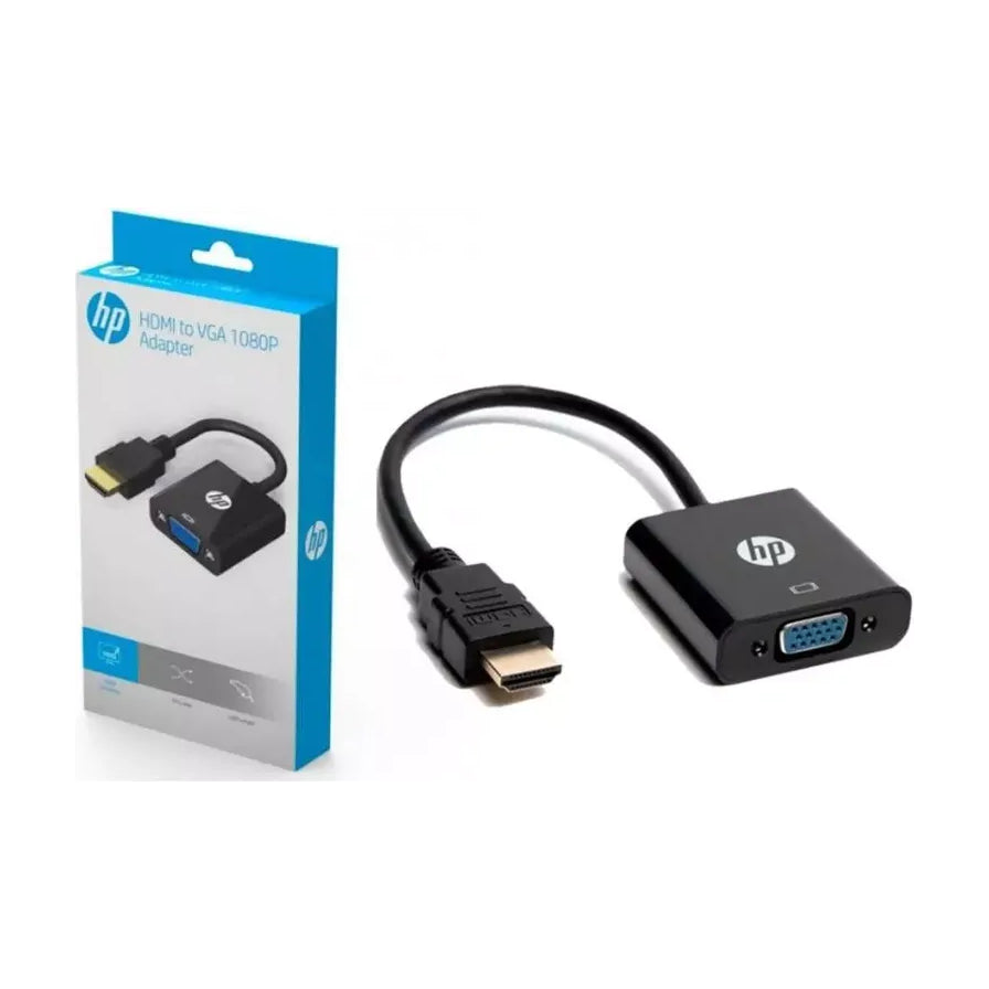 HP 惠普 HDMI 转 VGA 1080P 转换器及其蓝色外包装盒，包装上印有商品图片及型号说明。