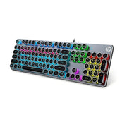 HP 惠普黑金刚系列机械手感电竞键盘，采用复古圆键帽设计，展示 20 种 RGB 幻彩灯效，金属面板质感，白色背景主图。