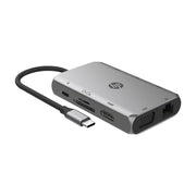 HP惠普Type - C旗舰扩展坞，银灰色金属质感外壳，展示HDMI、VGA、千兆网口及SD/TF读卡槽等多个接口。