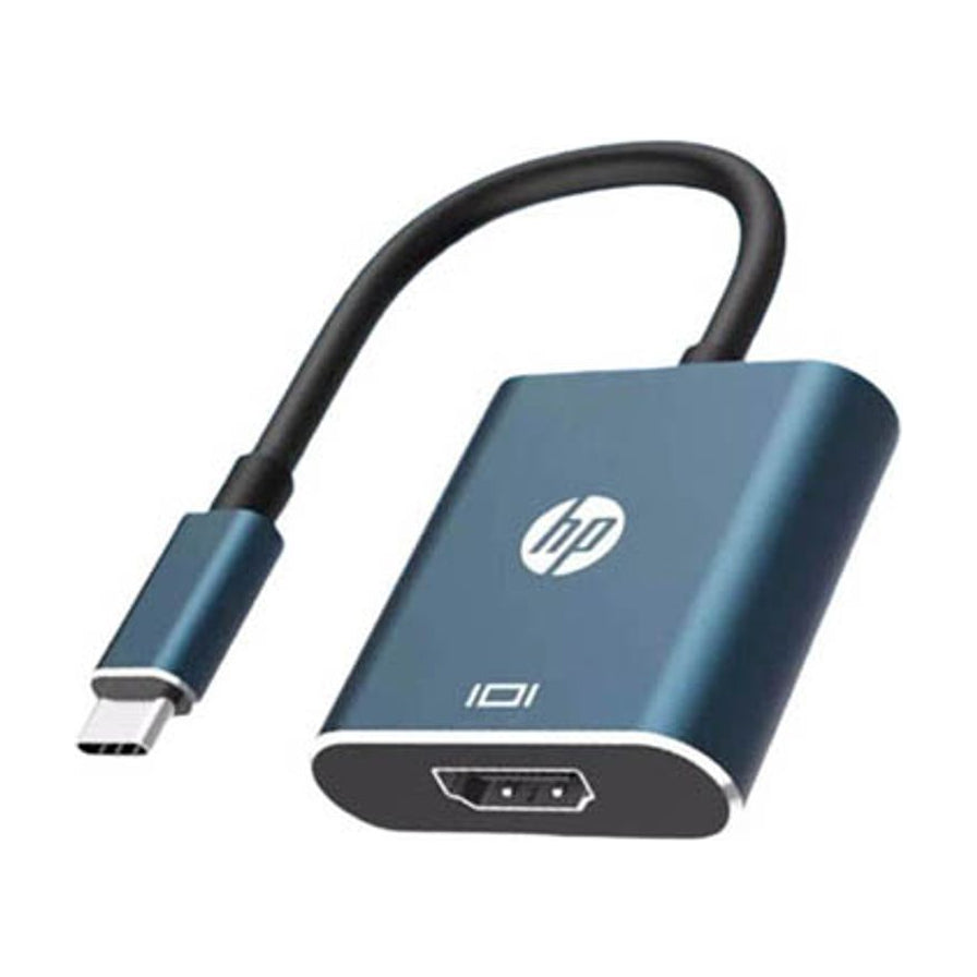 HP 惠普 Type - C 转 HDMI 高清转换器，深蓝色金属外壳，带有 HP 标志和 HDMI 接口标识。