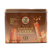 徐福记日式鸡蛋卷原味420克铁罐装，包装正面印有品牌Logo、鸡蛋卷实物图及新西兰无水奶油、农场鲜鸡蛋、明火烘烤等卖点说明。