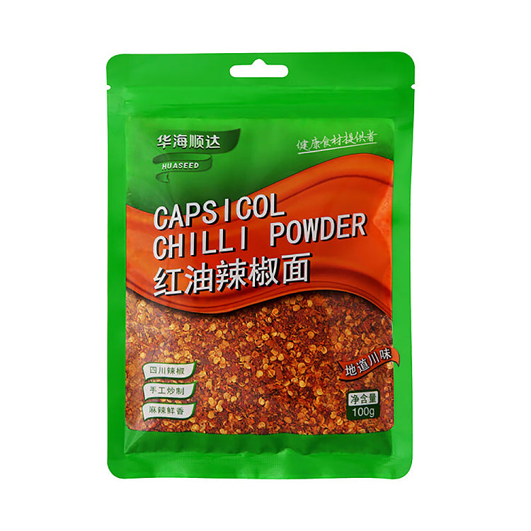 华海顺达红辣椒面 100g 包装袋正面，红色包装设计展示产品品牌与规格