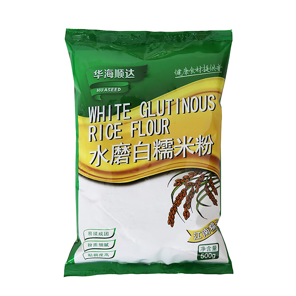 华海顺达水磨白糯米粉 500g 包装正面图，白色袋身印有品牌和产品名称。