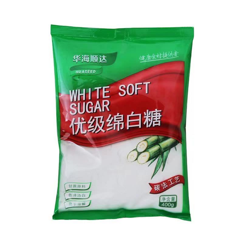 华海顺达优级绵白糖 400g 包装袋正面，白色袋身印有品牌和产品名称