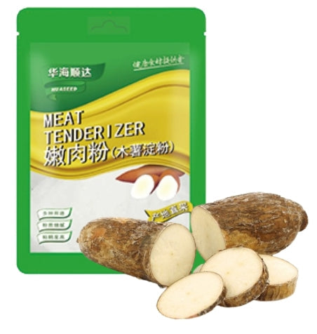 华海顺达木薯淀粉产品展示图，包含包装袋与烹饪应用场景