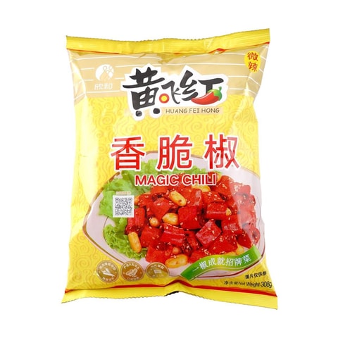 黄飞红香脆椒 308g 大包装袋正面图，红色包装印有品牌与产品名称