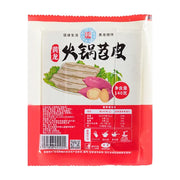 黄龙火锅苕皮140g包装正面图，展示红薯淀粉制成的苕皮产品图、品牌Logo、营养成分表及食用方法说明。