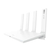 华为 AX3 Pro (New) 路由器白色机身侧视图，展示四根可折叠天线及 WiFi 6 Plus 标识。