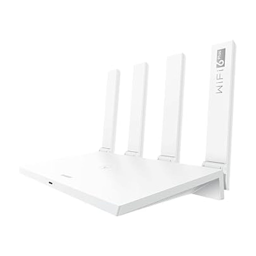 华为 AX3 Pro (New) 路由器白色机身侧视图，展示四根可折叠天线及 WiFi 6 Plus 标识。