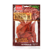 华兴和手撕素牛排包装正面图，透明包装可见内部红油浸润的片状辣条，包装上有手撕素牛排字样。