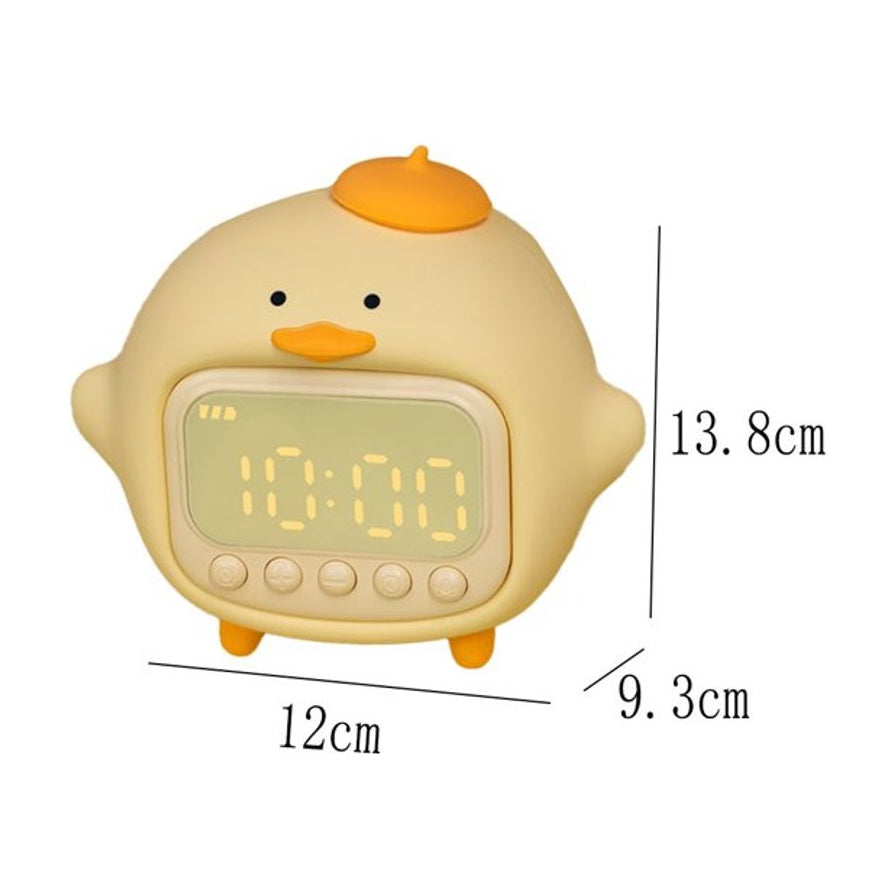 抱抱鸭闹钟的尺寸标注图，显示高度为13.8cm，宽度为12cm，厚度为9.3cm。