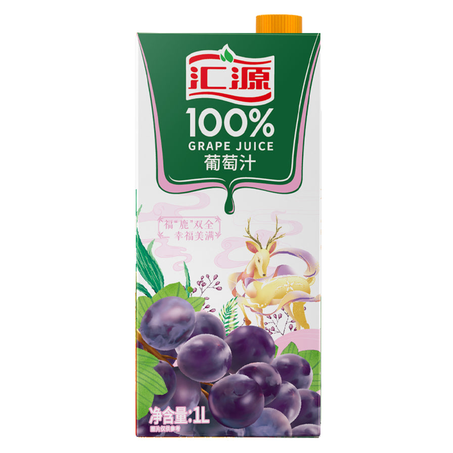 汇源100%葡萄汁1L盒装，包装正面印有紫色葡萄串和鹿的图案，标注净含量1L。