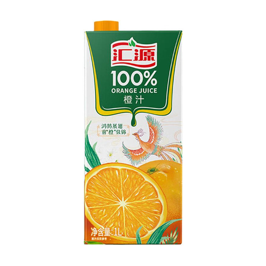 汇源100%橙汁1L盒装，包装正面印有新鲜橙子切片和凤凰图案，标注净含量1L。