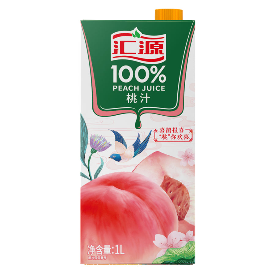 汇源100%桃汁1L盒装，包装正面印有粉色水蜜桃和喜鹊图案，标注净含量1L。
