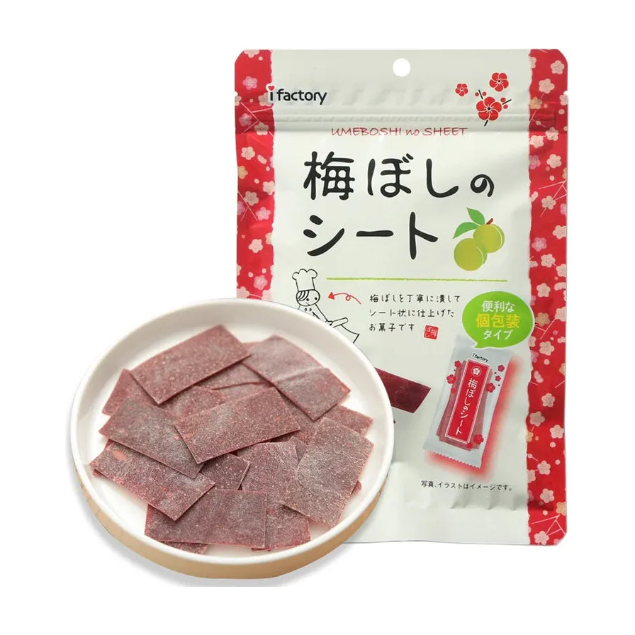 i - factory 日本梅片包装袋与一碟深红色薄片状梅肉果脯